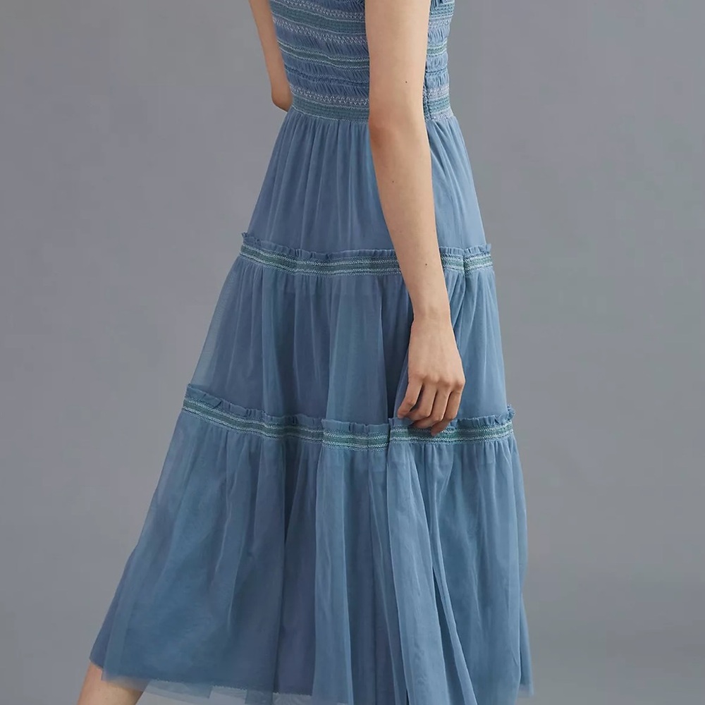 Anthropologie Maxi Dress Blue Smocked Bust Size Medium Tiered Layers Lined Sheer